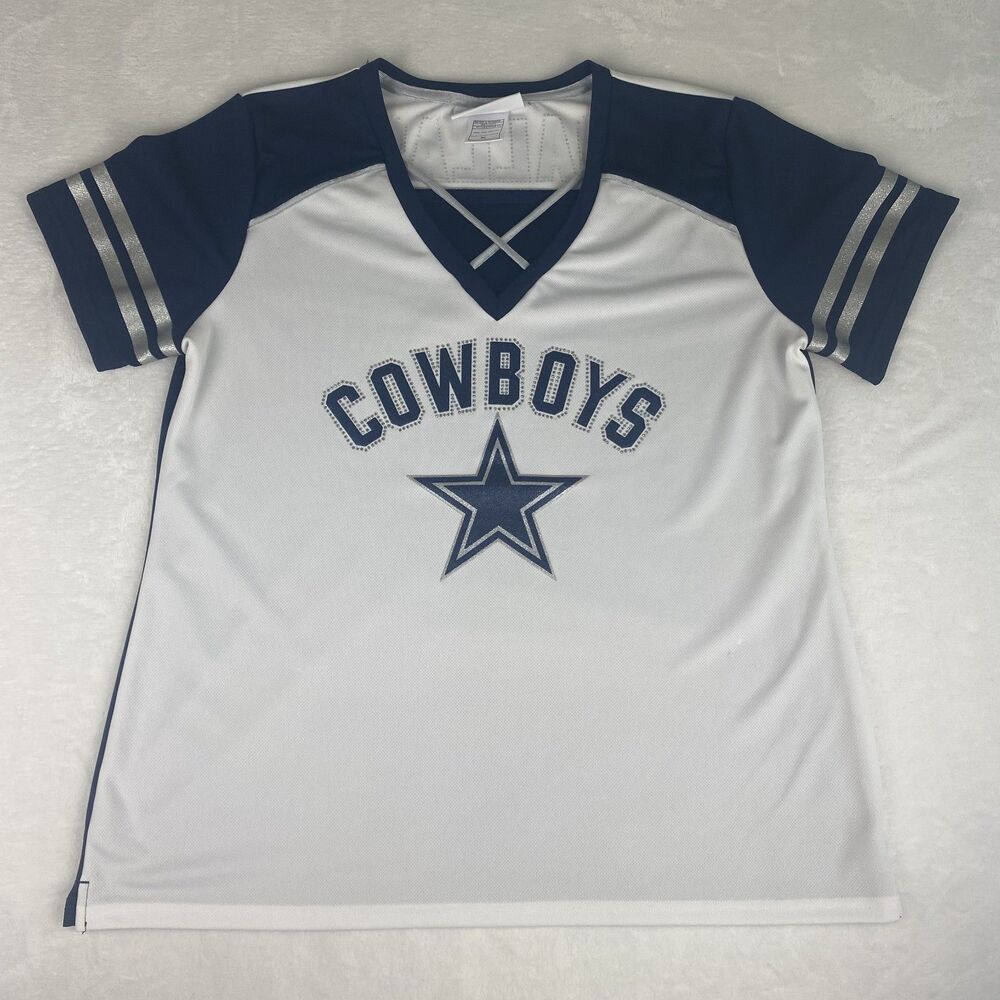 Dallas Cowboys Shirt Womens Extra Large White Blue Logo V Neck Short Sleeve
